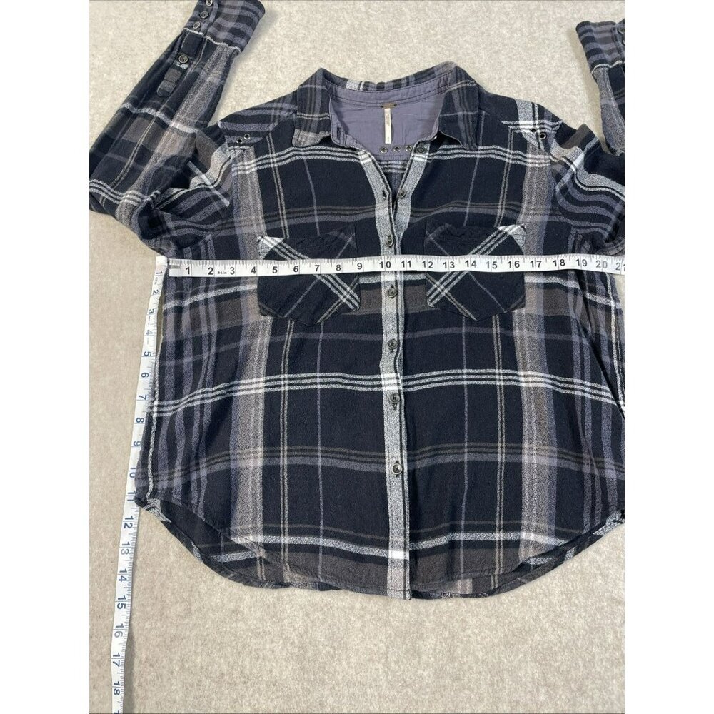 FREE‎ PEOPLE Top Womens Size Sm Blue Plaid Button Front Flannel Shirt Comfy Cozy - Picture 10 of 11